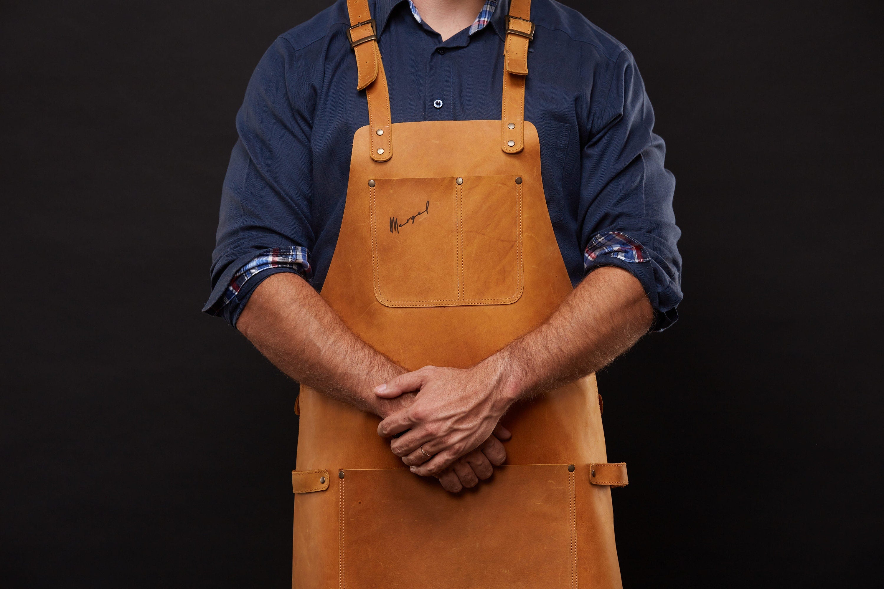 Personalized Leather BBQ Apron with Cross Back Straps, Custom Grill Apron with Pockets