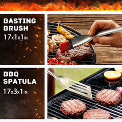 BBQ Grill Set with Skewers, Carbon Steel Axe, Fork-Knife, Stainless Steel Tray, Folding Grill Legs, Corkscrew, Wooden Case