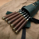 BBQ Skewer Set: Oak Handles, Bronze Nautical Accents, Leather Case