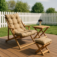 Outdoor Wooden Lounge Chair Set with Cushions | Foldable Patio Chairs and Table | Garden Chair for Balcony, Deck or Backyard, Wooden Chair