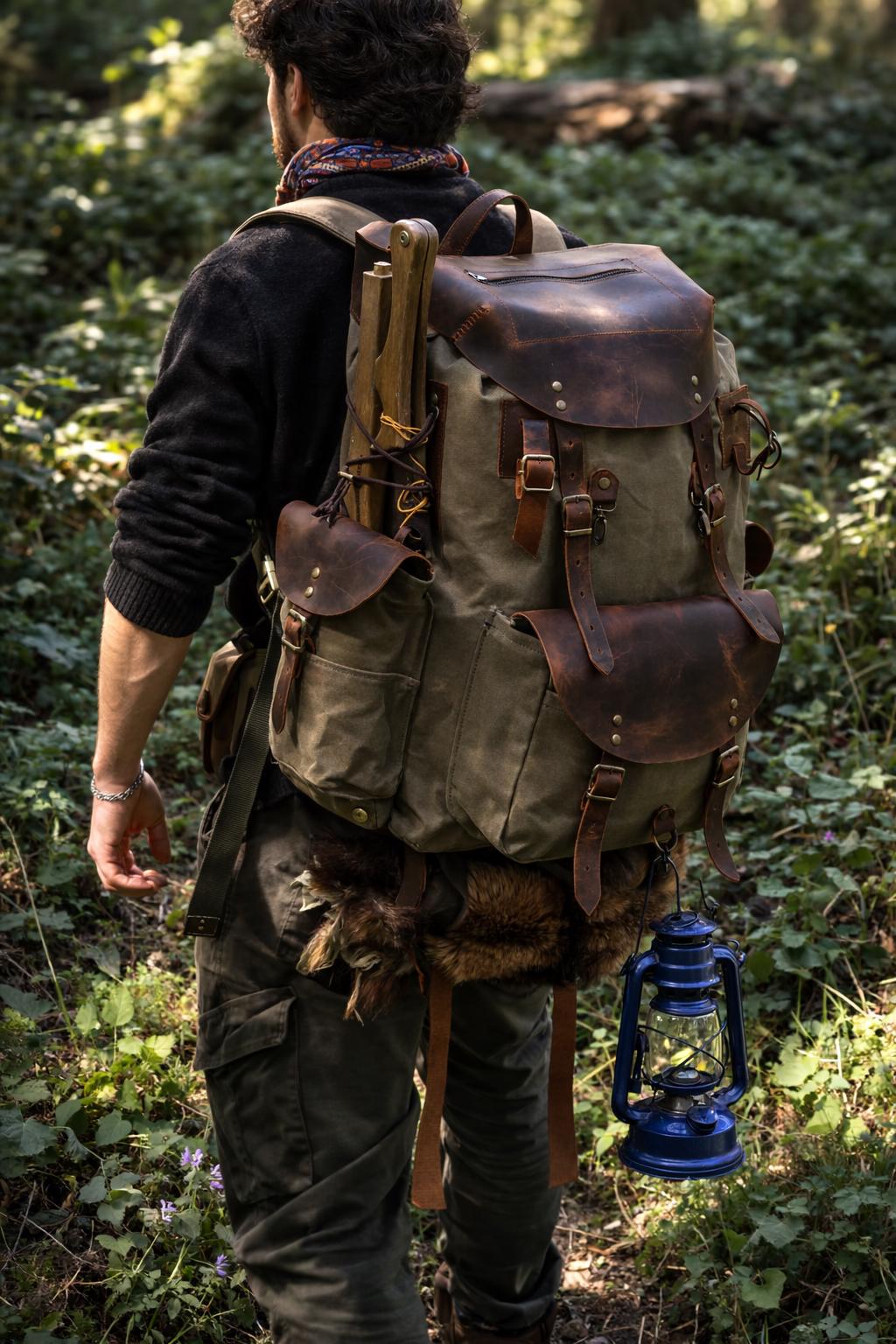 Bushcraft Backpack, Leather & Canvas Backpack, Waterproof Canvas Rucksack, Camping Backpack, Hunting Backpack