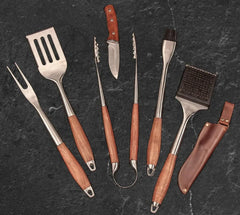 6-Piece Stainless Steel BBQ Tool Set with Leather Case