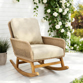 Beige Wicker Rocking Chair with Polyester Cushions and Wooden Frame