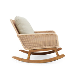 Beige Wicker Rocking Chair with Polyester Cushions and Wooden Frame