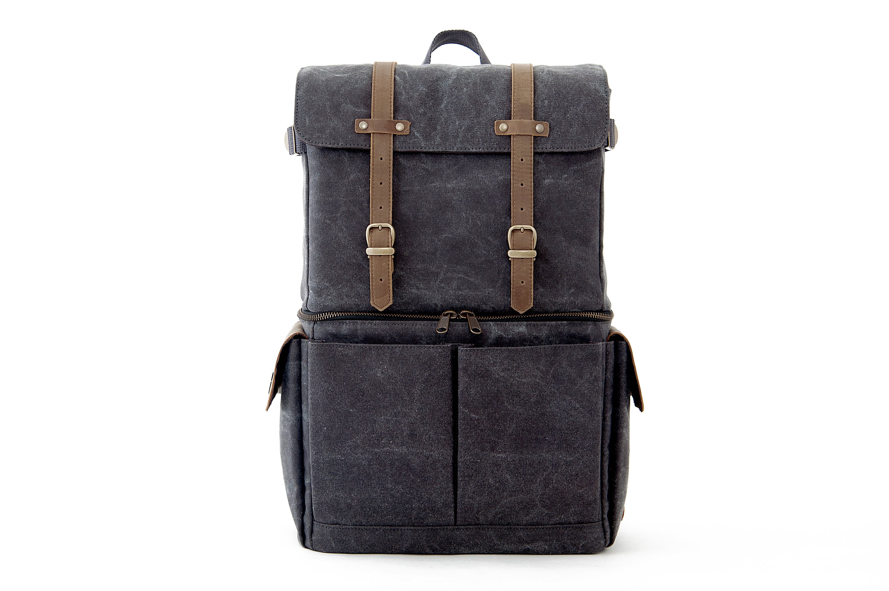 Gray Canvas Camera Backpack with Leather Accents, 15-inch Laptop Bag