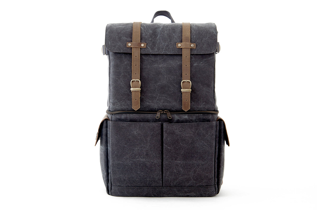 Gray Canvas Camera Backpack with Leather Accents, 15-inch Laptop Bag