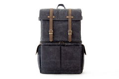Gray Canvas Camera Backpack with Leather Accents, 15-inch Laptop Bag