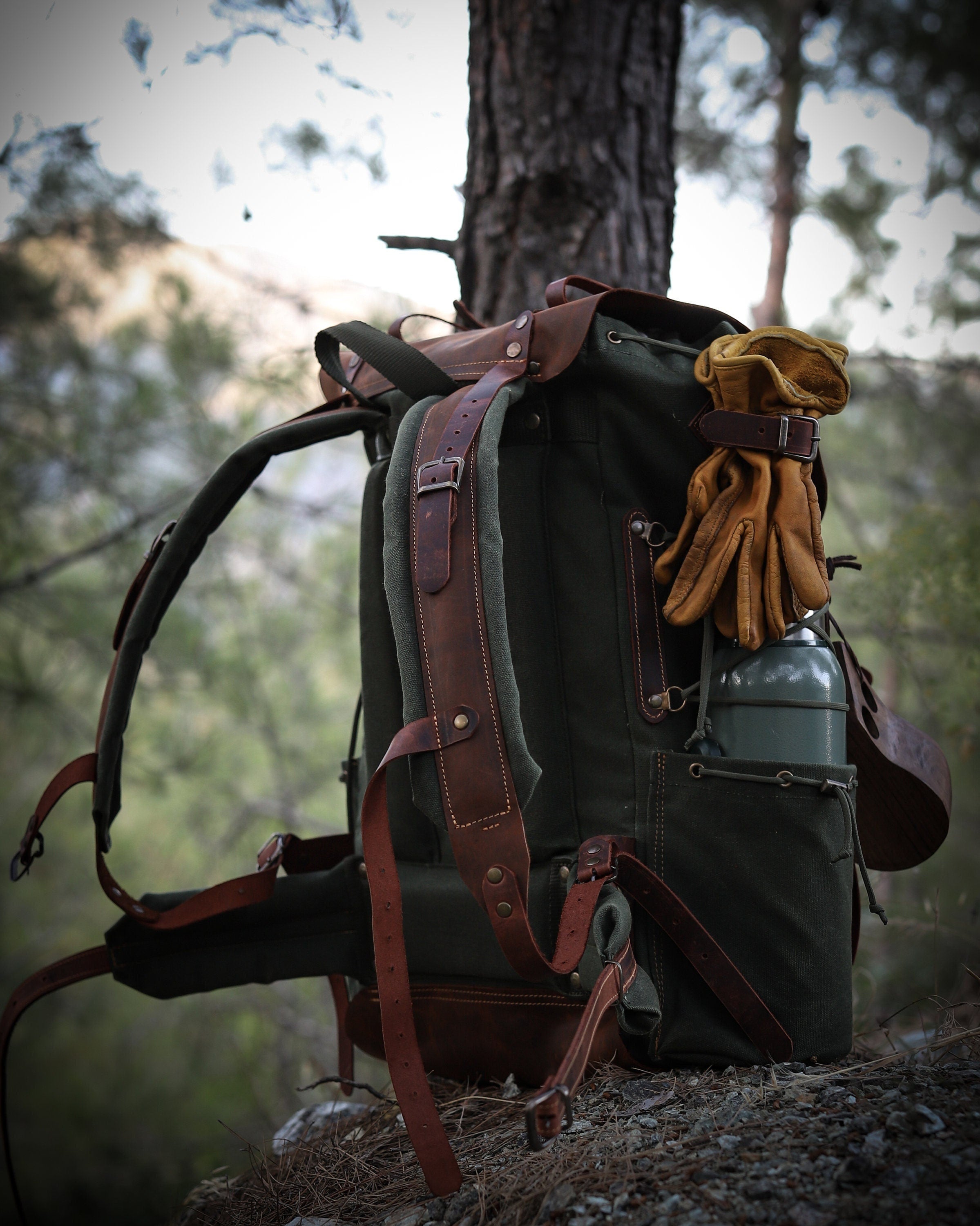 Waxed Canvas Backpack with Leather Flap and Bottom | 30L, 40L, 50L | Black, Brown, Green
