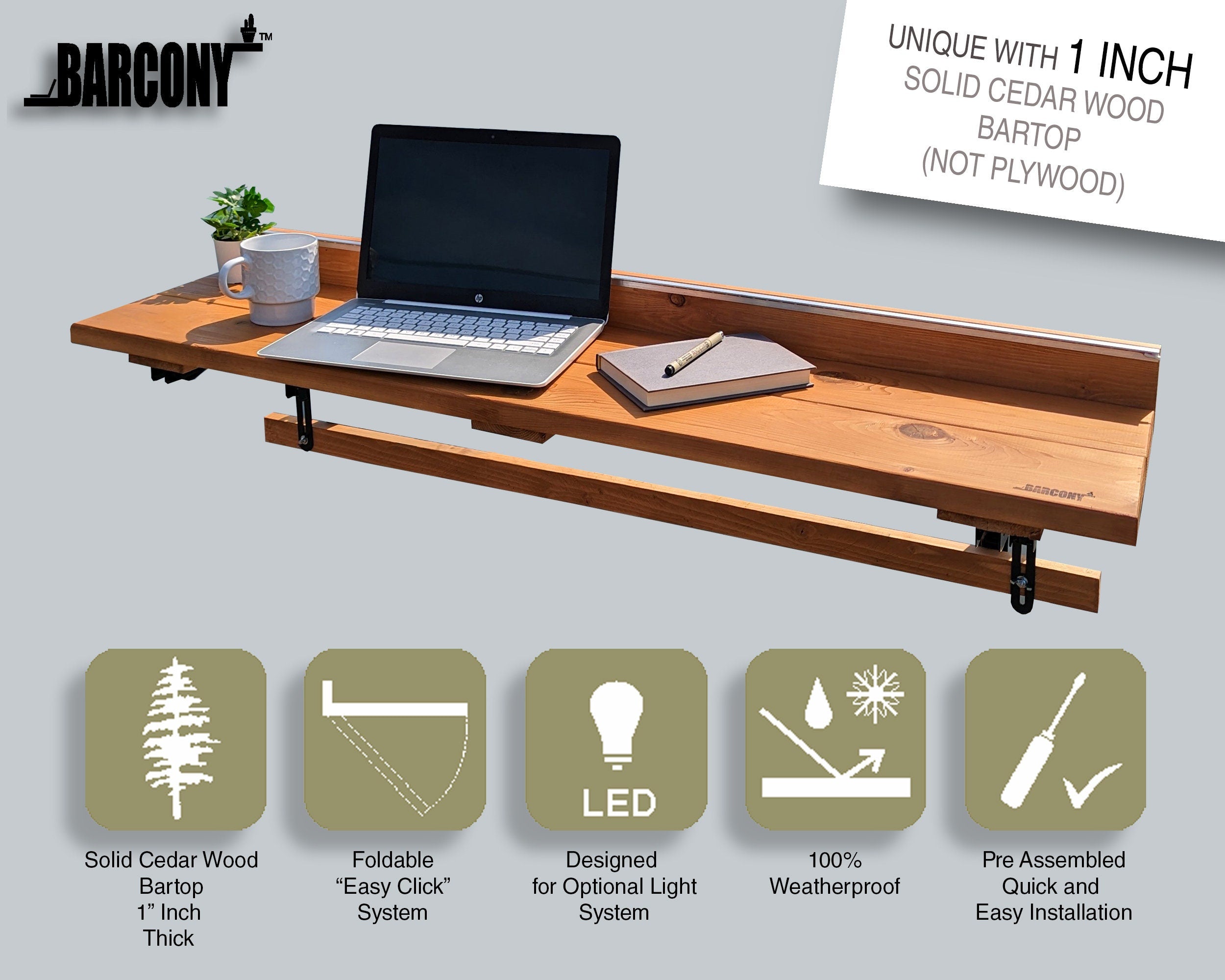 Balcony Bar Table with LED Light, Foldable Space Saving Outdoor Patio Furniture