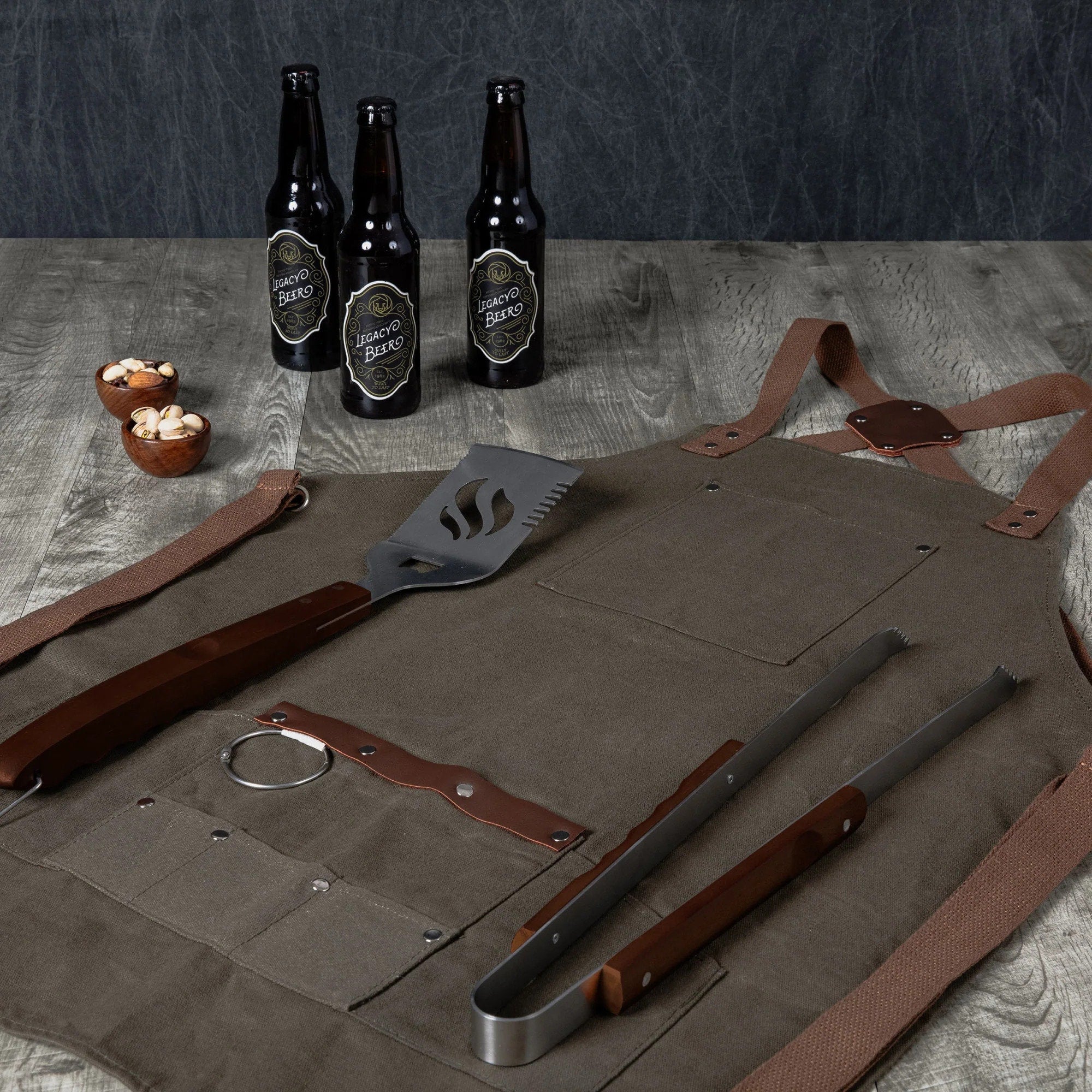 Waxed Canvas Apron with Grilling Tool Set and Metal Bottle Opener