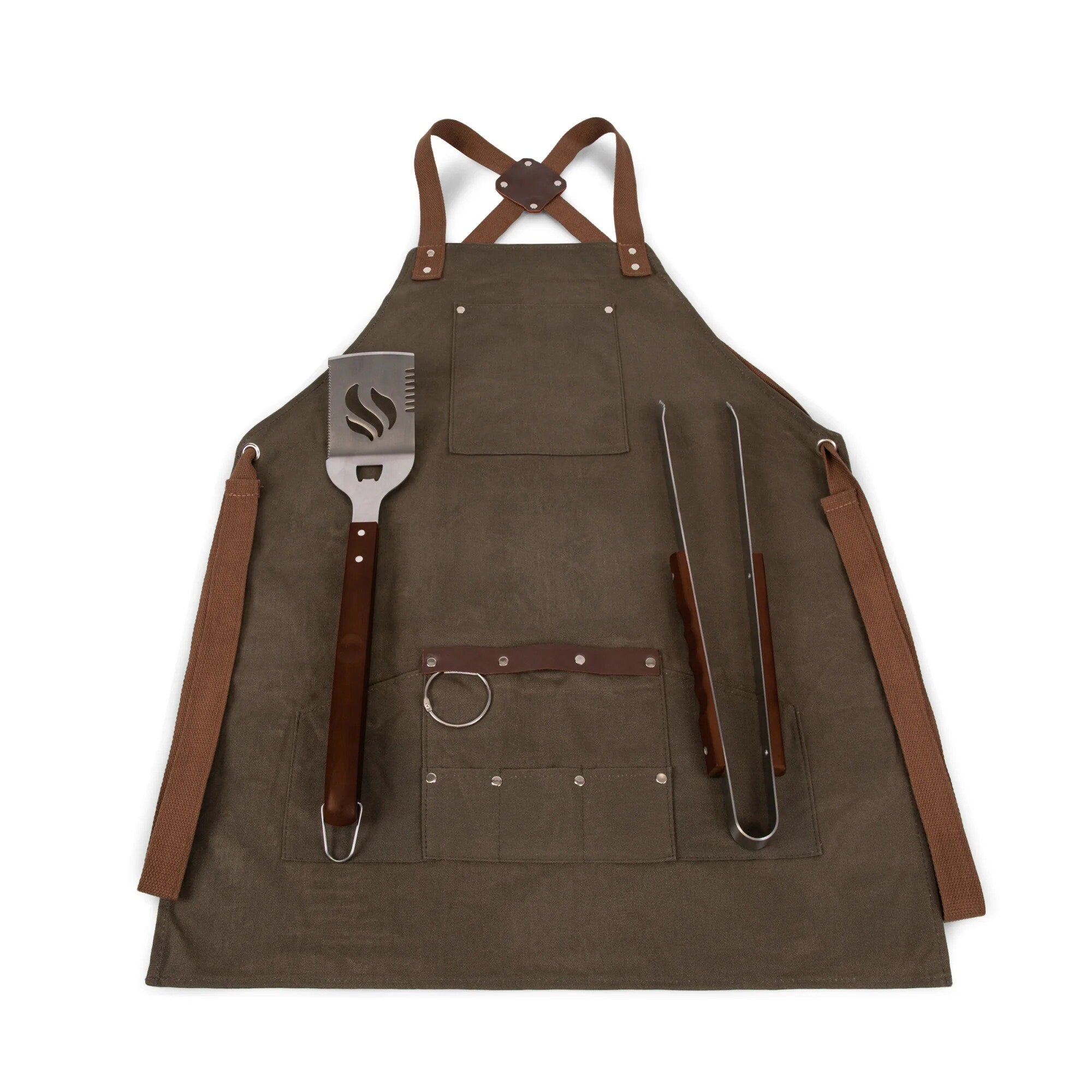 Waxed Canvas Apron with Grilling Tool Set and Metal Bottle Opener