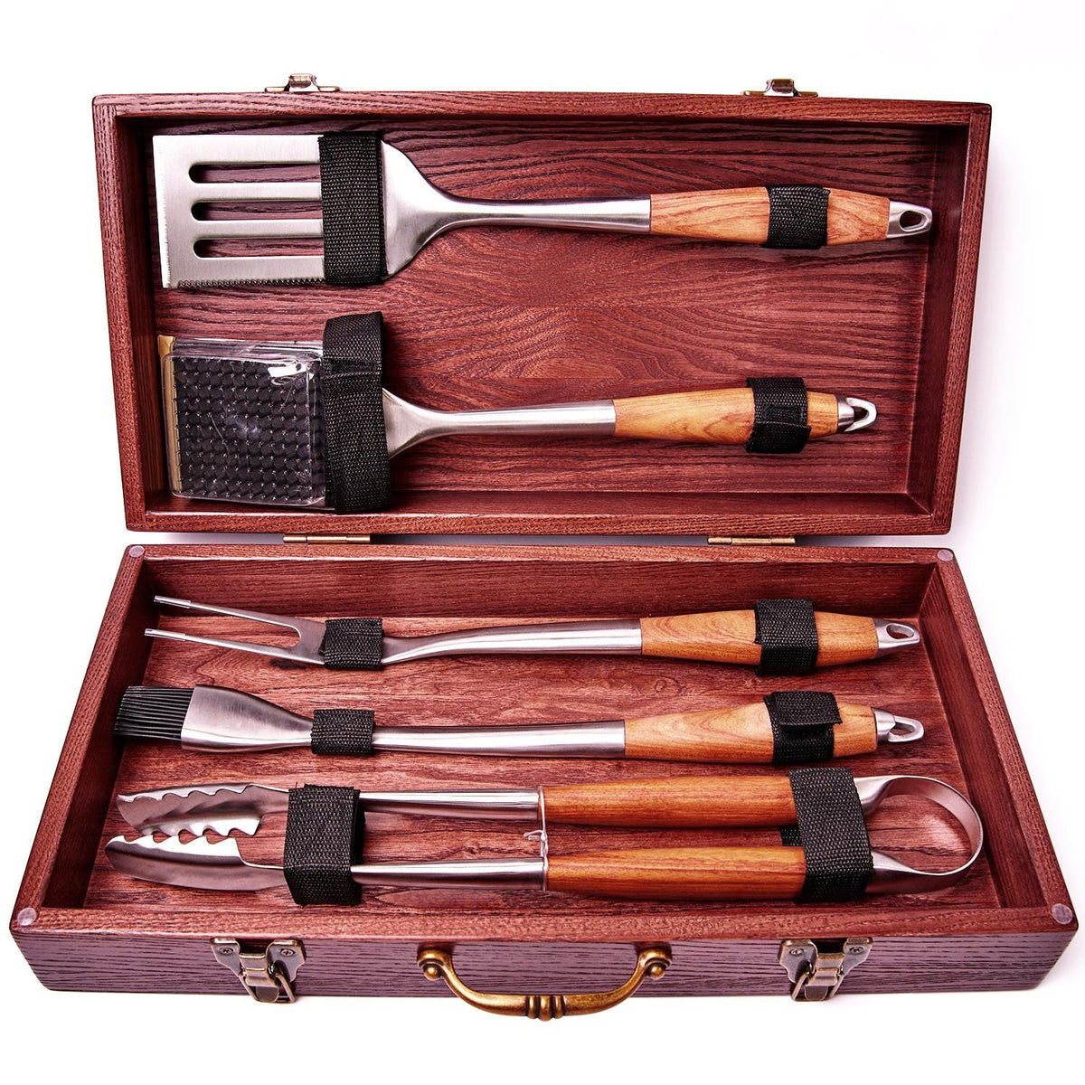 BBQ Grill Set with Skewers, Carbon Steel Axe, Fork-Knife, Stainless Steel Tray, Folding Grill Legs, Corkscrew, Wooden Case
