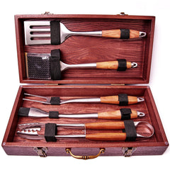 BBQ Grill Set with Skewers, Carbon Steel Axe, Fork-Knife, Stainless Steel Tray, Folding Grill Legs, Corkscrew, Wooden Case