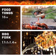 BBQ Grill Set with Skewers, Carbon Steel Axe, Fork-Knife, Stainless Steel Tray, Folding Grill Legs, Corkscrew, Wooden Case