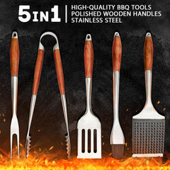 BBQ Grill Set with Skewers, Carbon Steel Axe, Fork-Knife, Stainless Steel Tray, Folding Grill Legs, Corkscrew, Wooden Case