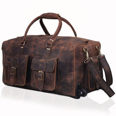 Leather Rolling Duffel Bag: Weekender Trolley Travel Bag