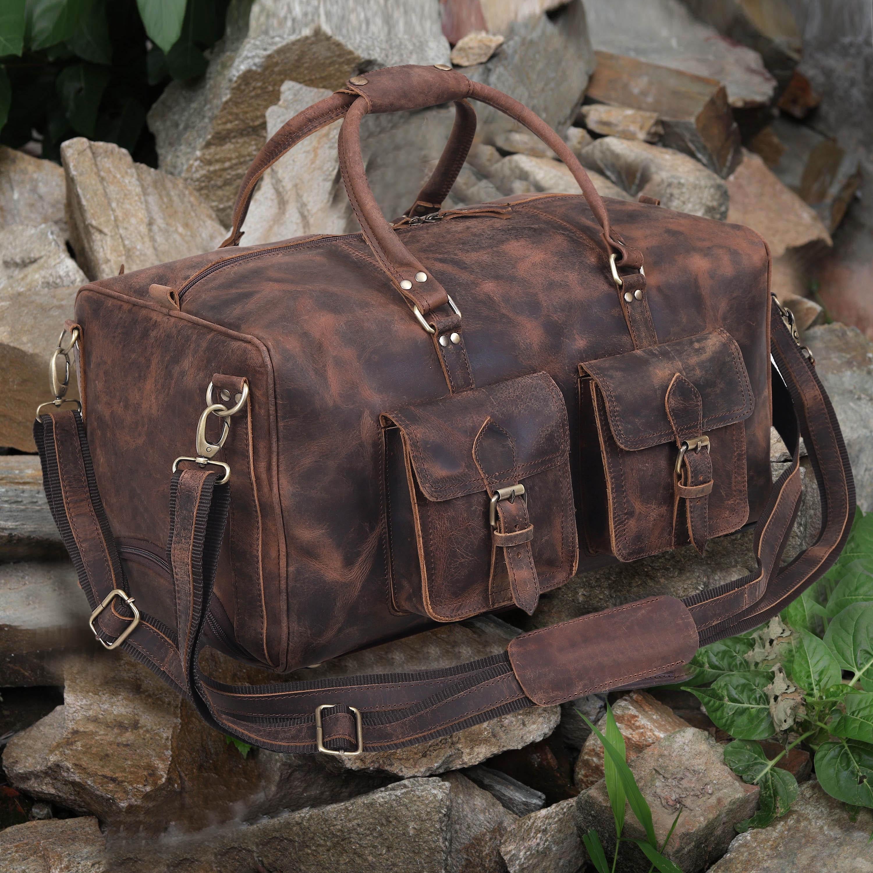Leather Rolling Duffel Bag: Weekender Trolley Travel Bag