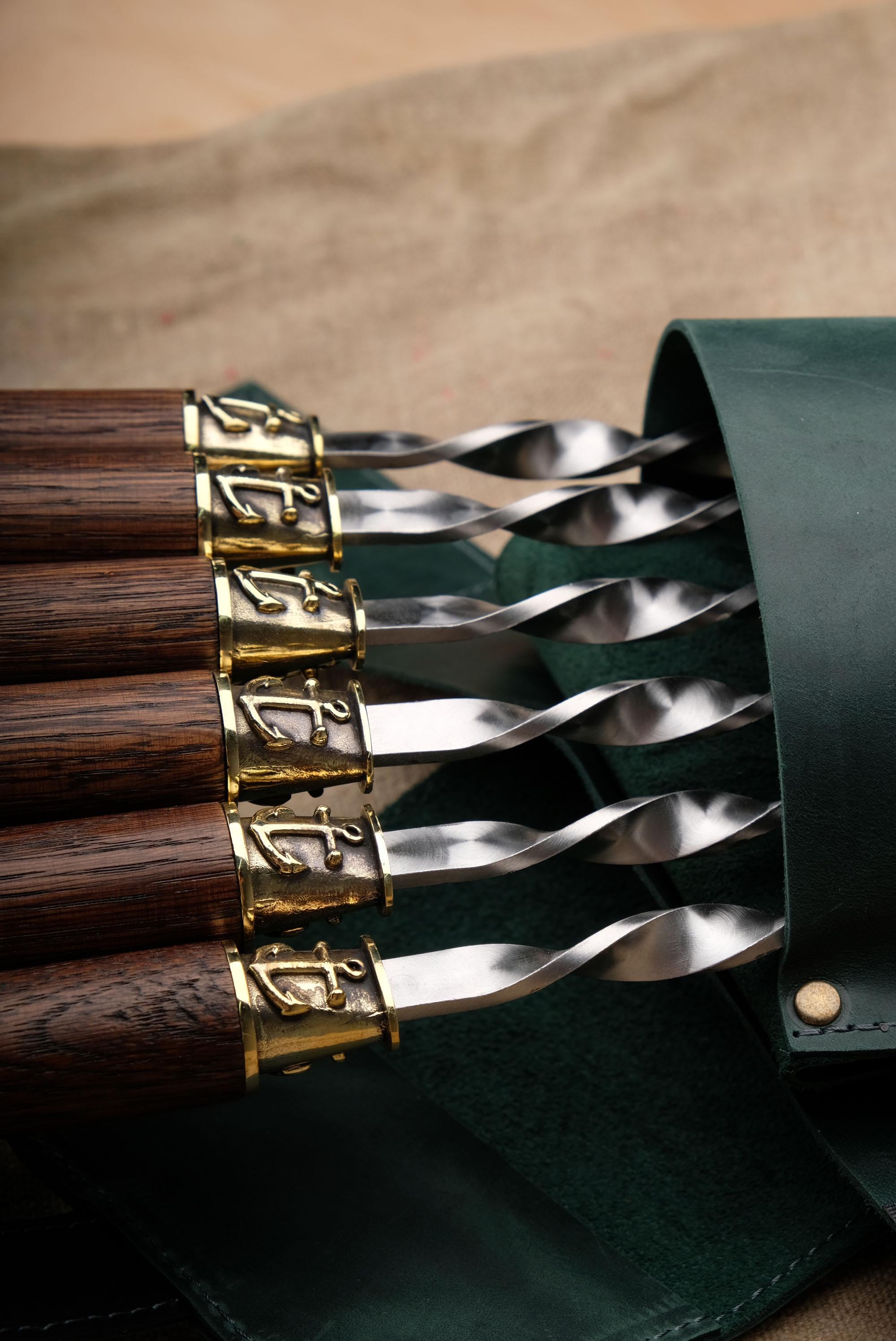 BBQ Skewer Set: Oak Handles, Bronze Nautical Accents, Leather Case
