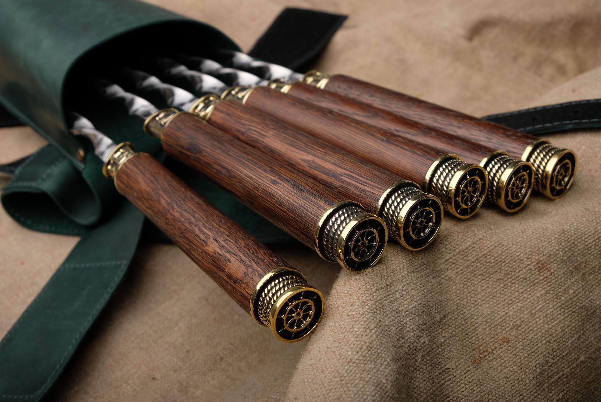 BBQ Skewer Set: Oak Handles, Bronze Nautical Accents, Leather Case