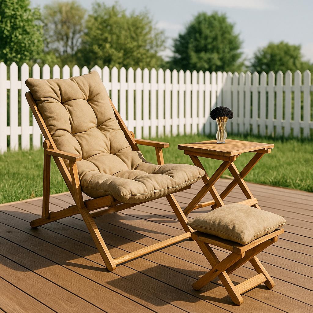 Outdoor Wooden Lounge Chair Set with Cushions | Foldable Patio Chairs and Table | Garden Chair for Balcony, Deck or Backyard, Wooden Chair
