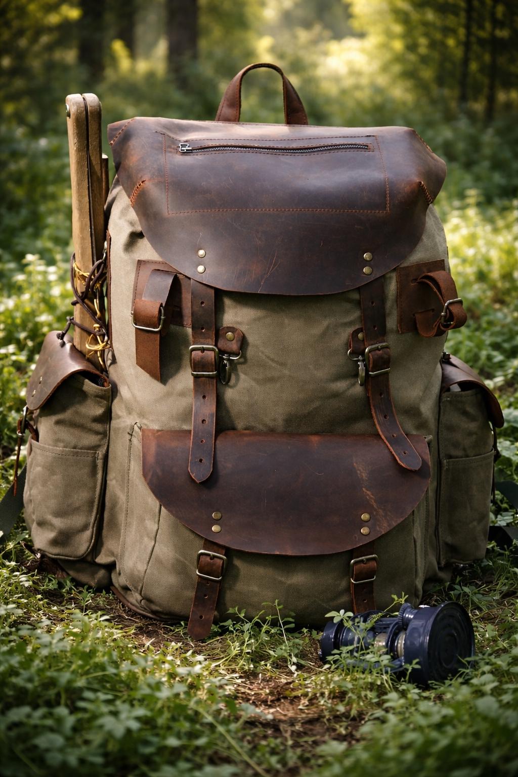 Bushcraft Backpack, Leather & Canvas Backpack, Waterproof Canvas Rucksack, Camping Backpack, Hunting Backpack