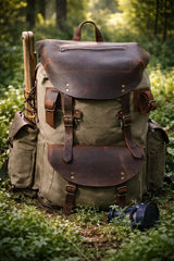 Bushcraft Backpack, Leather & Canvas Backpack, Waterproof Canvas Rucksack, Camping Backpack, Hunting Backpack