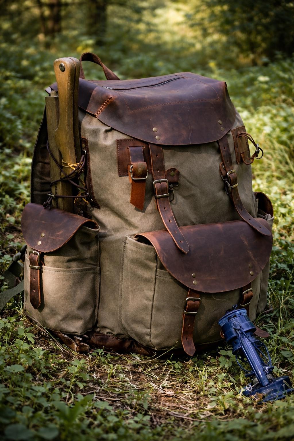 Bushcraft Backpack, Leather & Canvas Backpack, Waterproof Canvas Rucksack, Camping Backpack, Hunting Backpack
