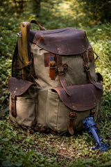Bushcraft Backpack, Leather & Canvas Backpack, Waterproof Canvas Rucksack, Camping Backpack, Hunting Backpack
