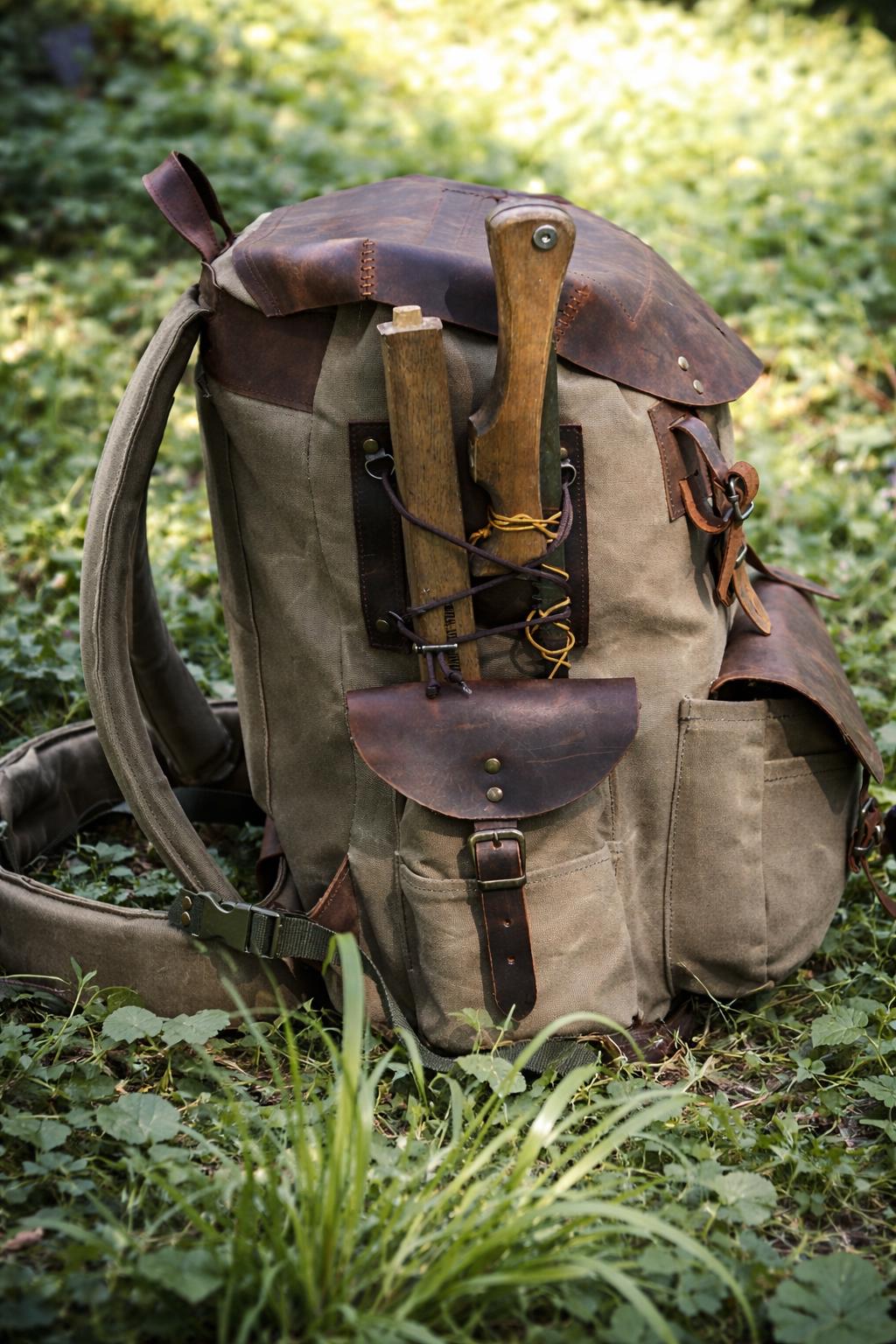 Bushcraft Backpack, Leather & Canvas Backpack, Waterproof Canvas Rucksack, Camping Backpack, Hunting Backpack
