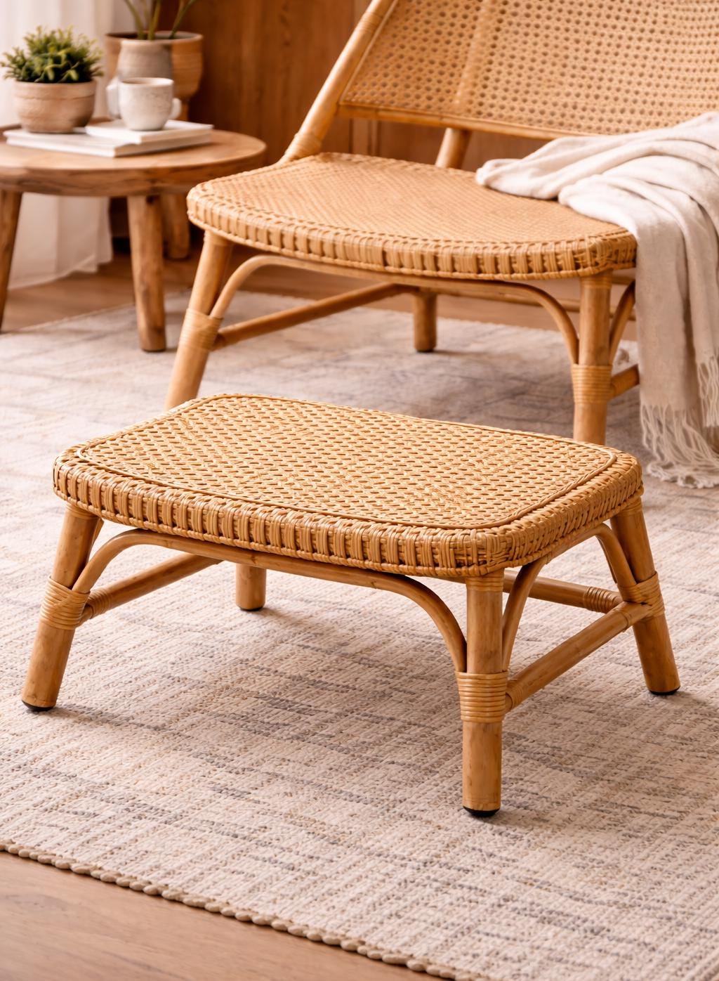 Natural Cane Lounge Chair with Footrest