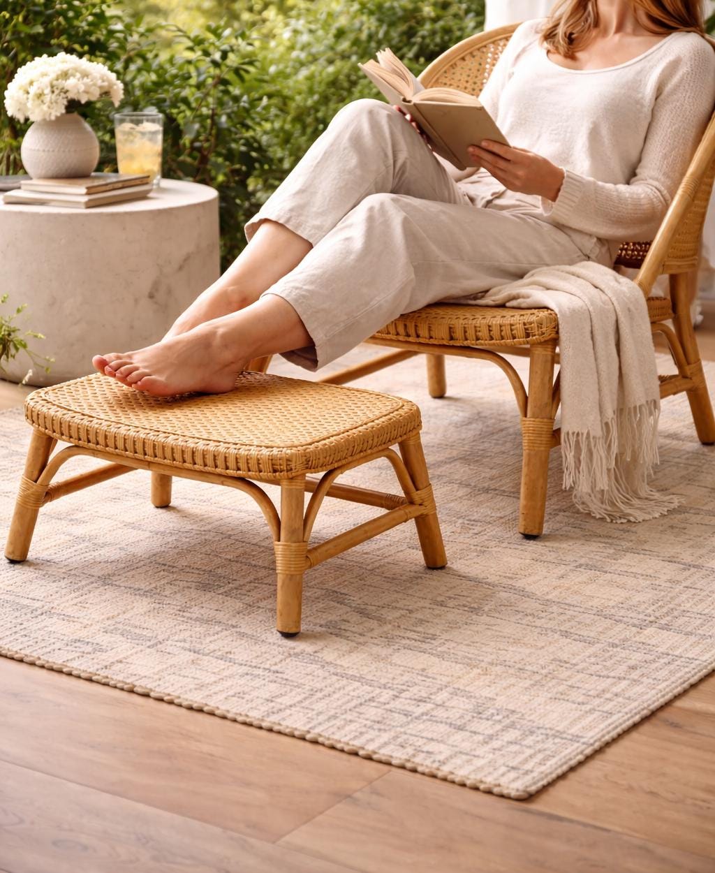 Natural Cane Lounge Chair with Footrest
