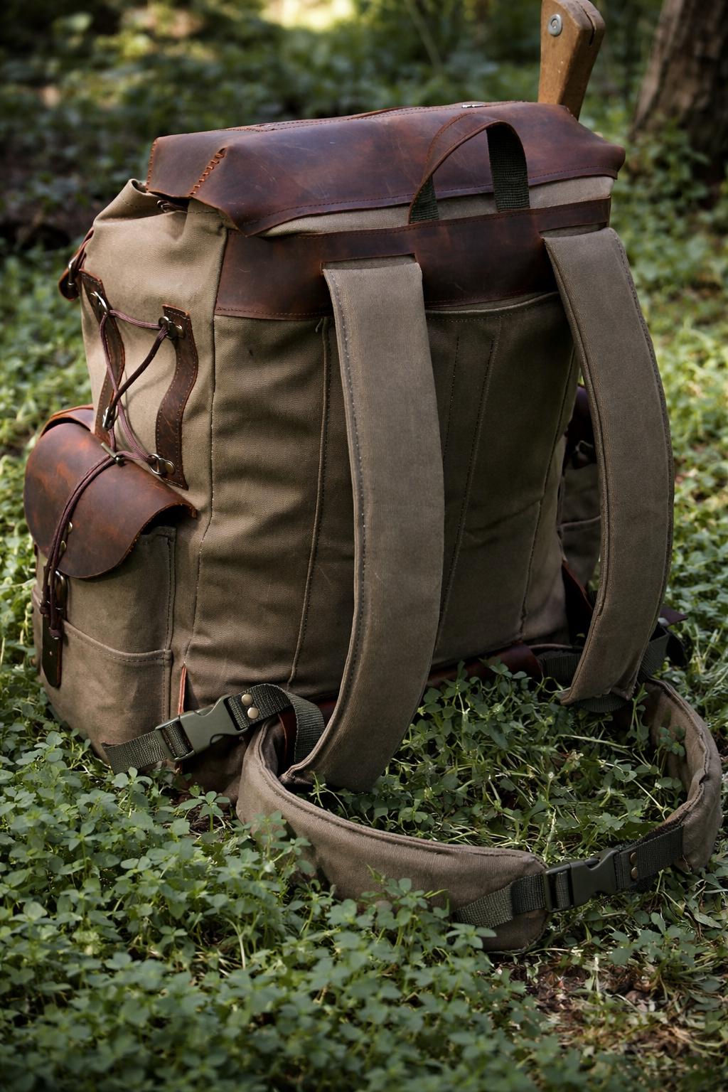 Bushcraft Backpack, Leather & Canvas Backpack, Waterproof Canvas Rucksack, Camping Backpack, Hunting Backpack
