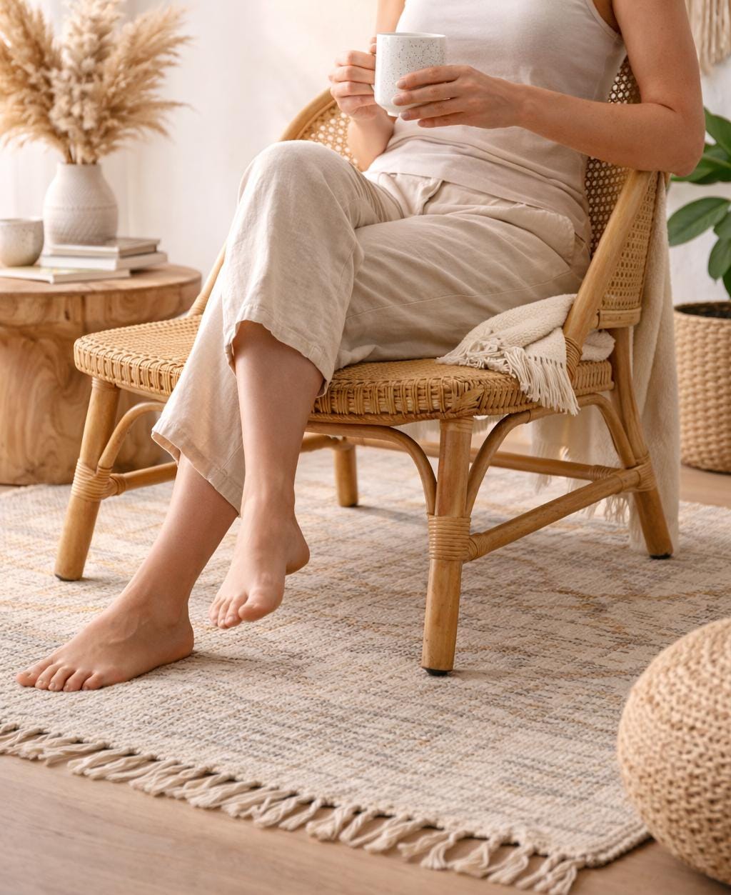 Natural Cane Lounge Chair with Footrest