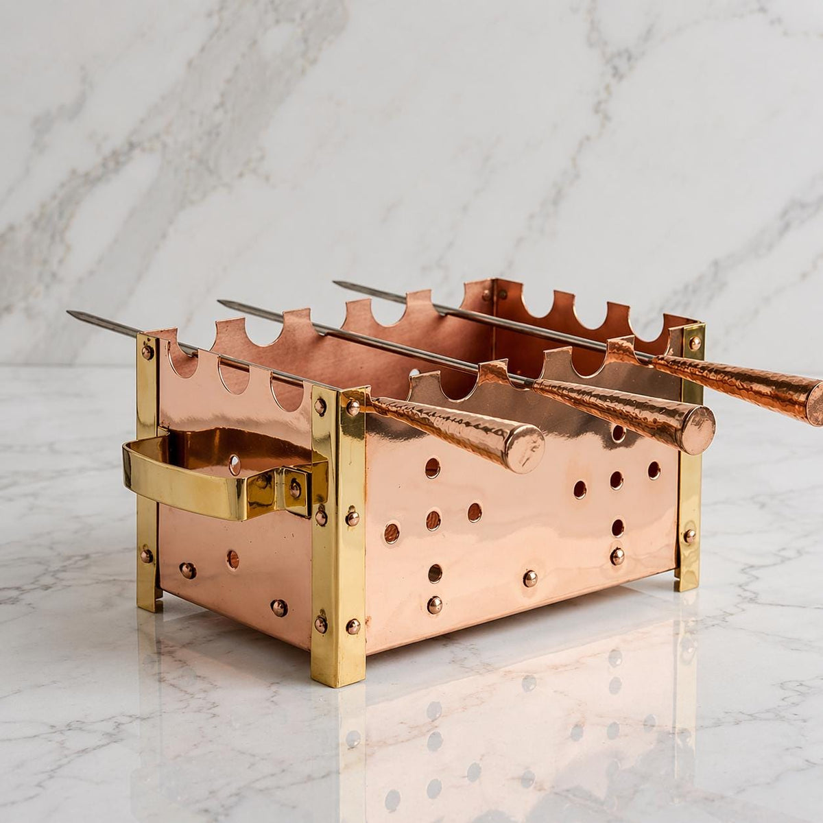 Pure Copper Barbecue with Stainless Steel Skewers, Portable Charcoal BBQ for Chicken Paneer Tikka Kebab, Mini Indoor Outdoor Grill