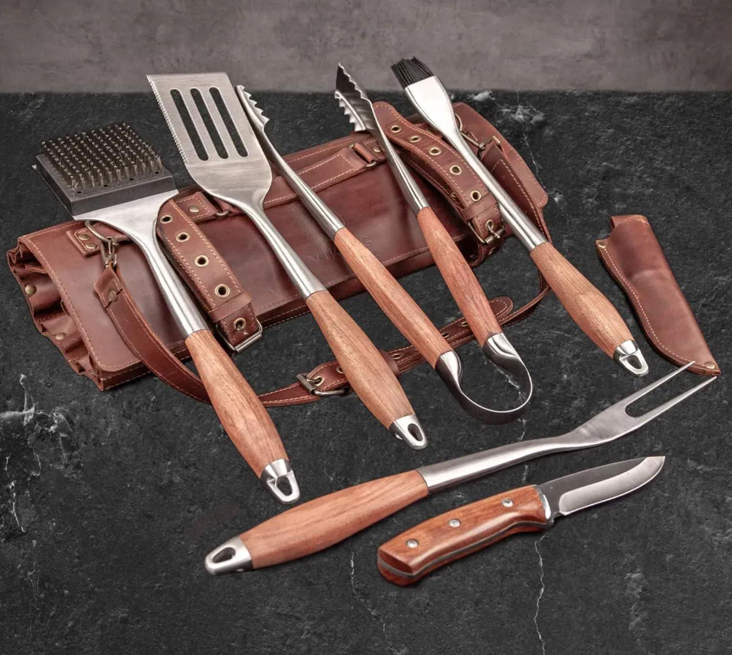 6-Piece Stainless Steel BBQ Tool Set with Leather Case