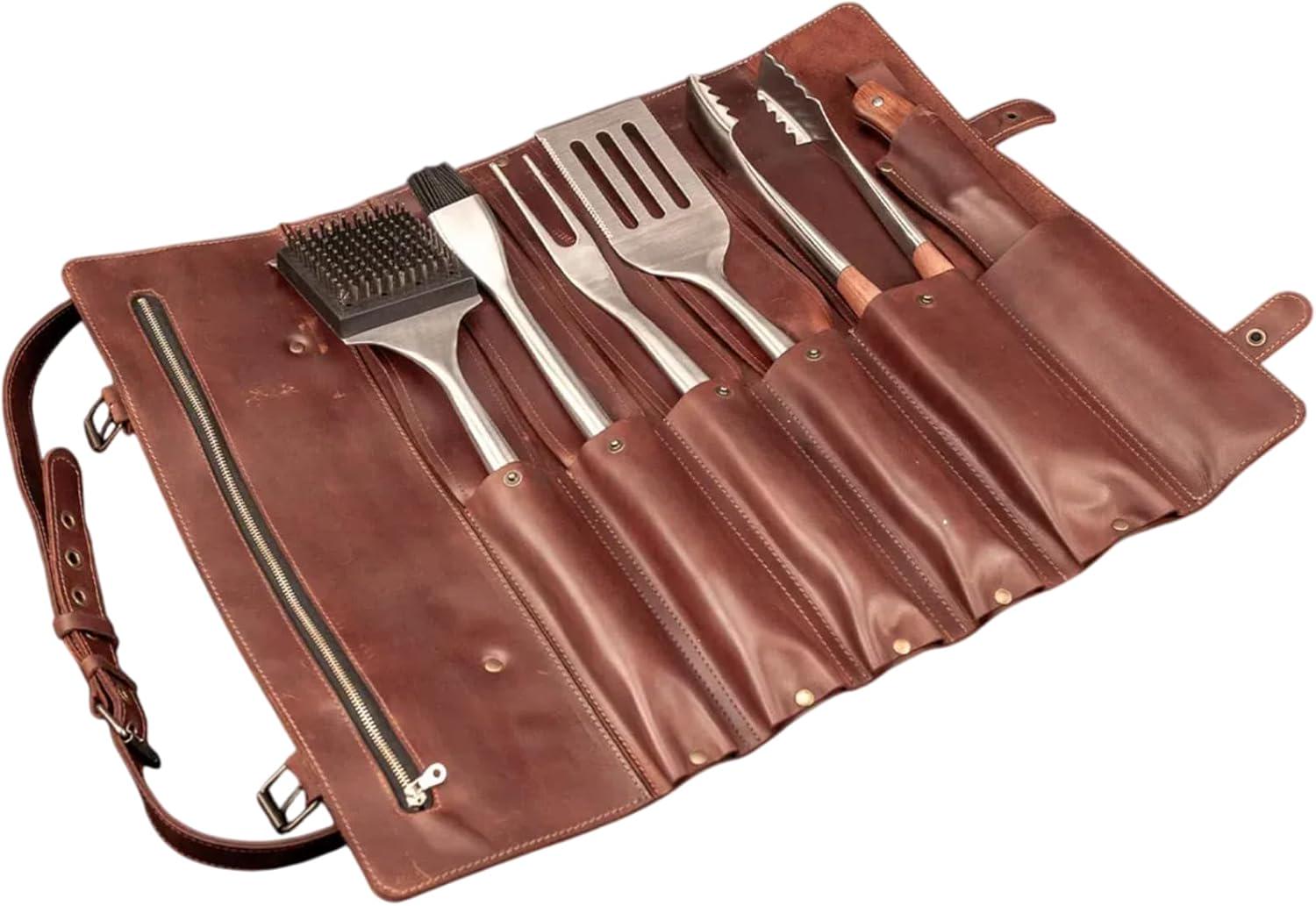 6-Piece Stainless Steel BBQ Tool Set with Leather Case