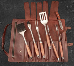 6-Piece Stainless Steel BBQ Tool Set with Leather Case