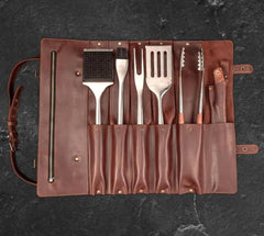 6-Piece Stainless Steel BBQ Tool Set with Leather Case