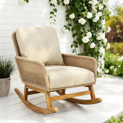 Beige Wicker Rocking Chair with Polyester Cushions and Wooden Frame