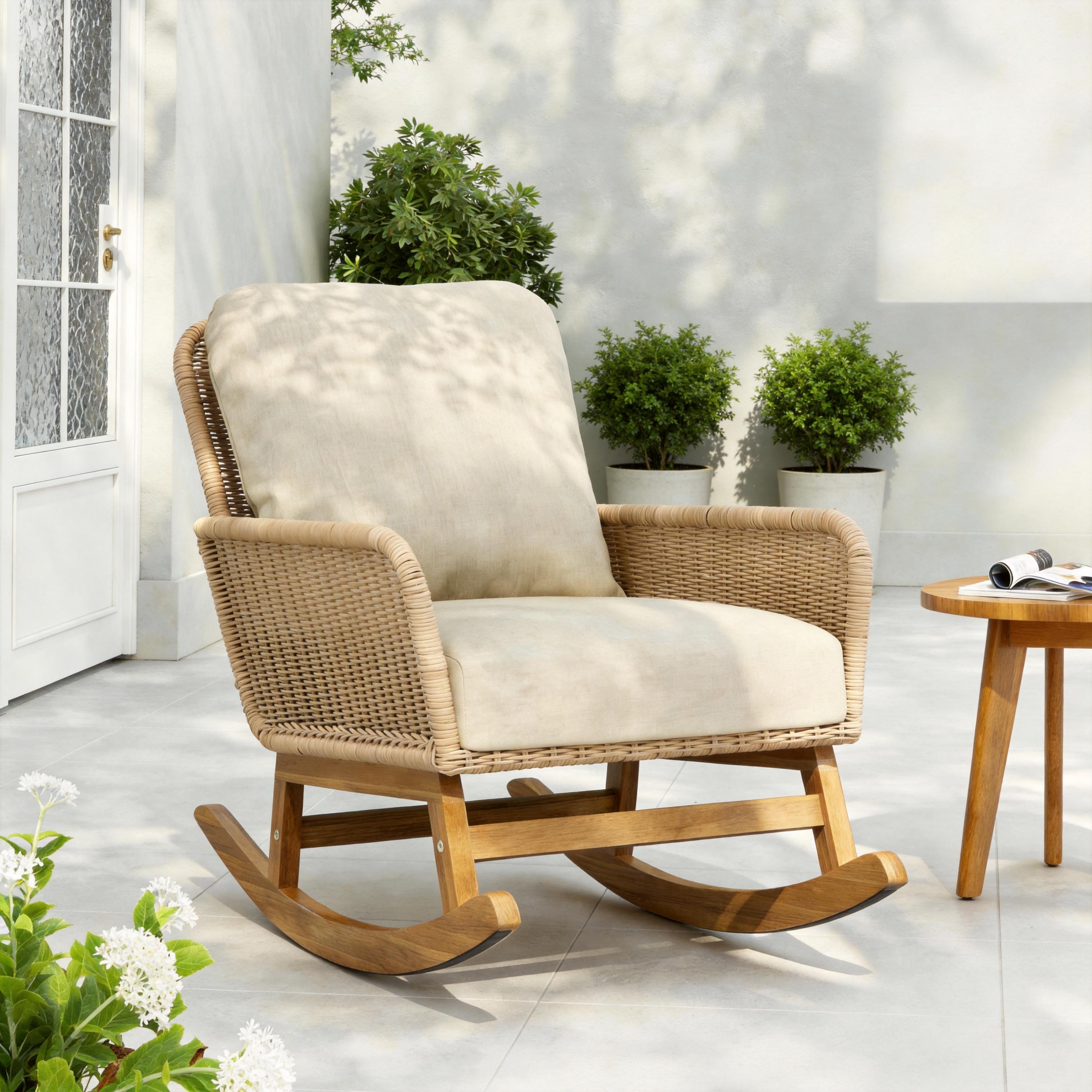 Beige Wicker Rocking Chair with Polyester Cushions and Wooden Frame