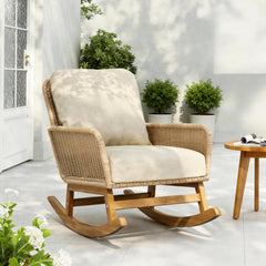 Beige Wicker Rocking Chair with Polyester Cushions and Wooden Frame