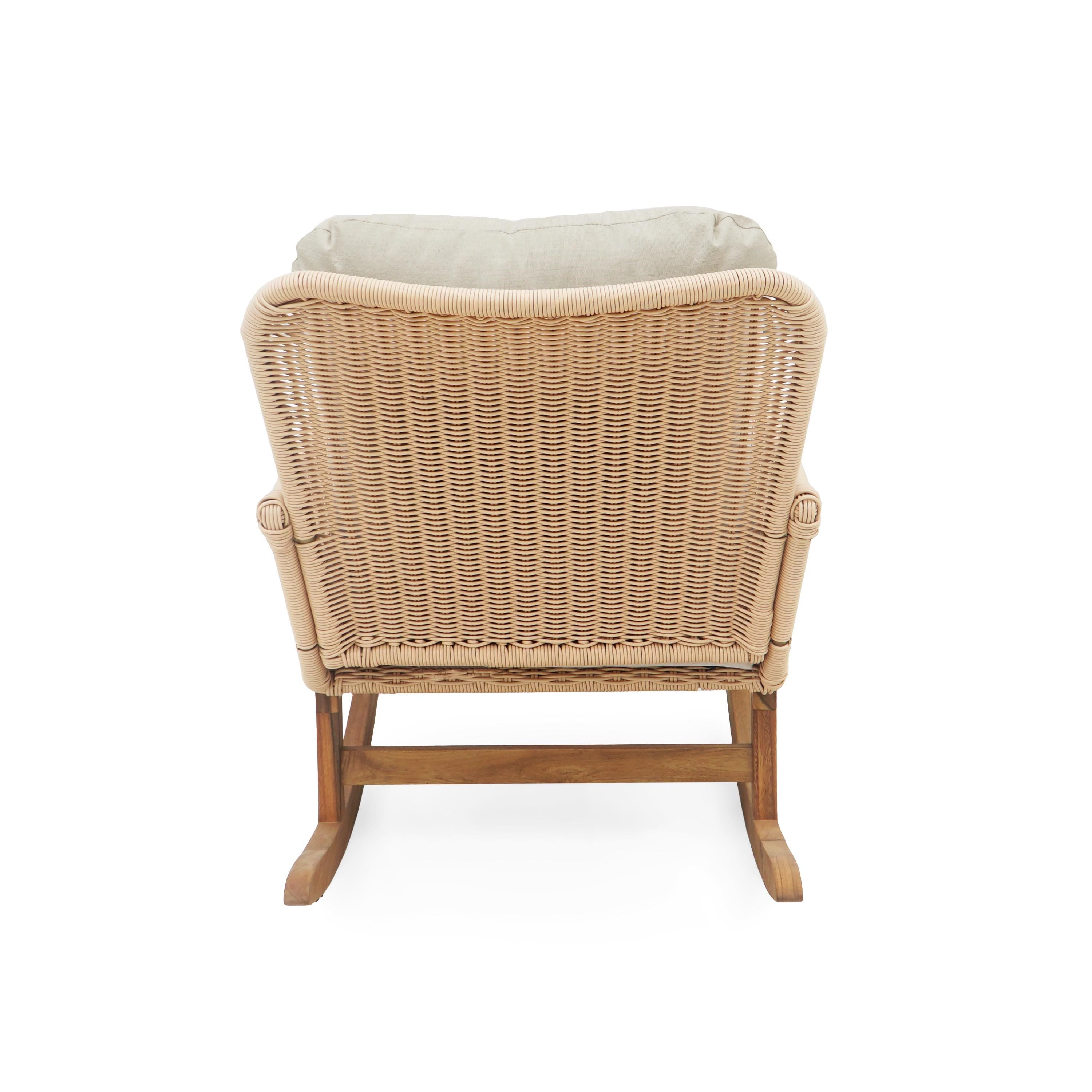 Beige Wicker Rocking Chair with Polyester Cushions and Wooden Frame