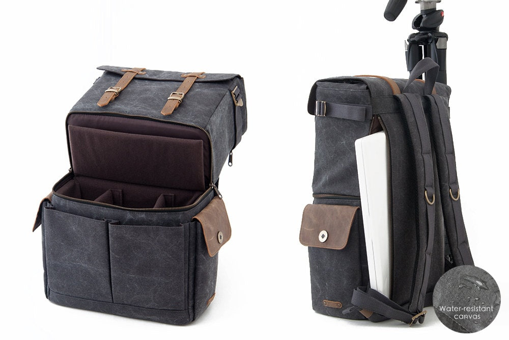 Gray Canvas Camera Backpack with Leather Accents, 15-inch Laptop Bag